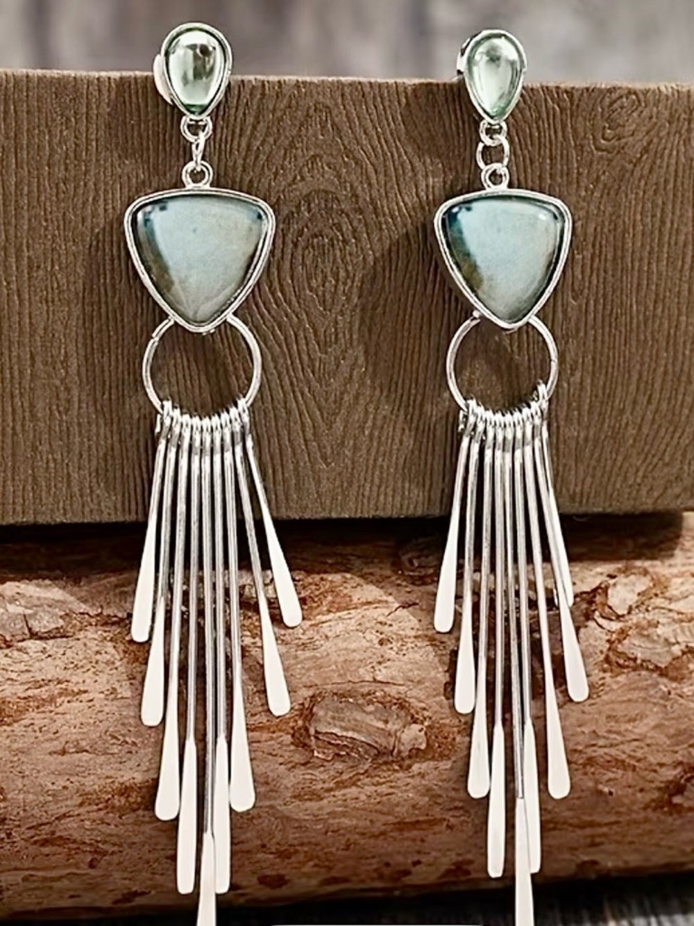 Silver Fringe Dangle Earrings Green Stone Boho Statement Drop Earrings - Picture 3 of 6